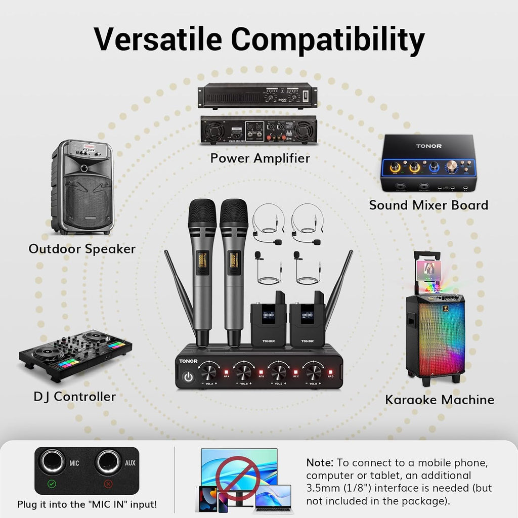 TONOR Wireless Microphone System, Handheld Mic Set with Headset/Lapel Mics