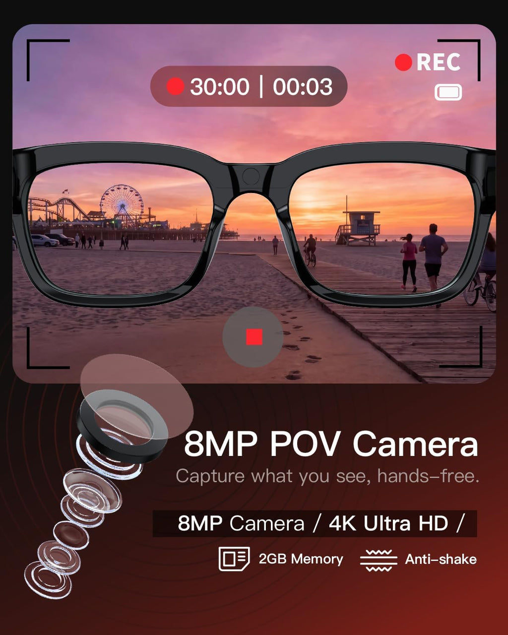 AI Smart Glasses with Camera, 4K POV Recording, Transparent Lens