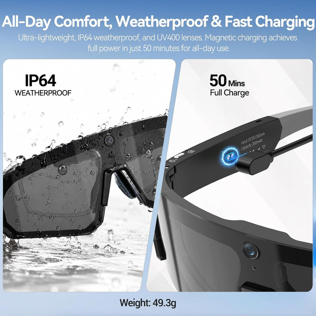 AI Smart Glasses with Camera, ChatGPT & AI Object Recognition, 1200P Video with 6-Axis EIS, Polarized UV400 Sunglasses, Real-Time Translation, IP64 Waterproof for Cycling, Hiking & Vlogging