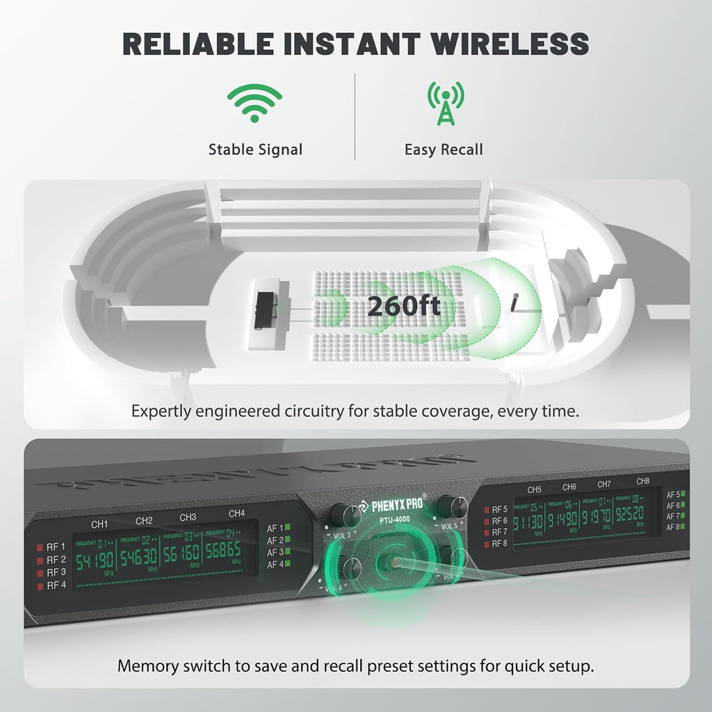 Phenyx Pro 8-Ch UHF Fixed Frequency Wireless Microphone System PTU-4000-8H
