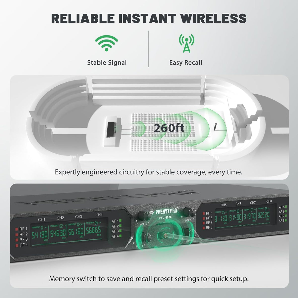 Phenyx Pro 8-Ch UHF Fixed Frequency Wireless Microphone System PTU-4000-8H