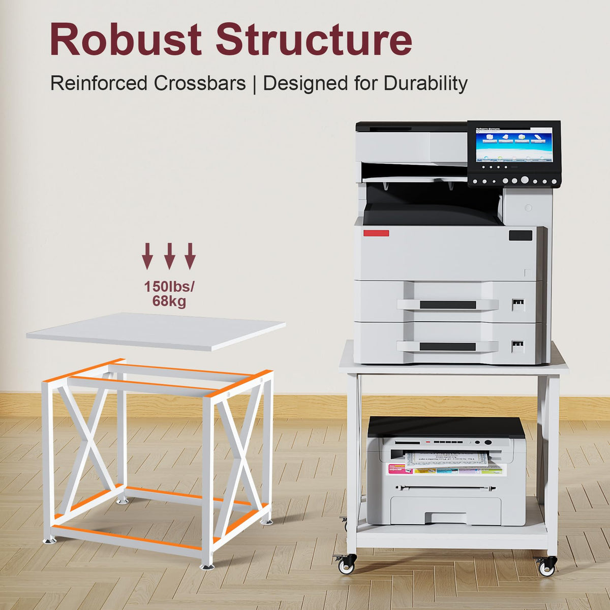 2 Tier Large Printer Stand, 23.6 x 23.6 Inches Printer Table with Storage Shelf, Rolling Printer Cart with Industrial Wheels for Home Office (Black)