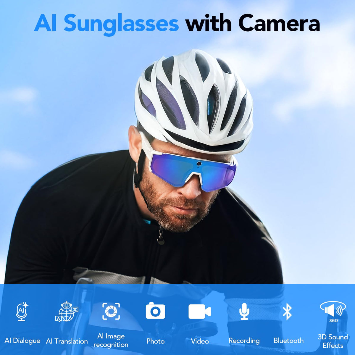Sporty AI Bluetooth Smart Glasses with Camera for Cycling & Hiking Unisex