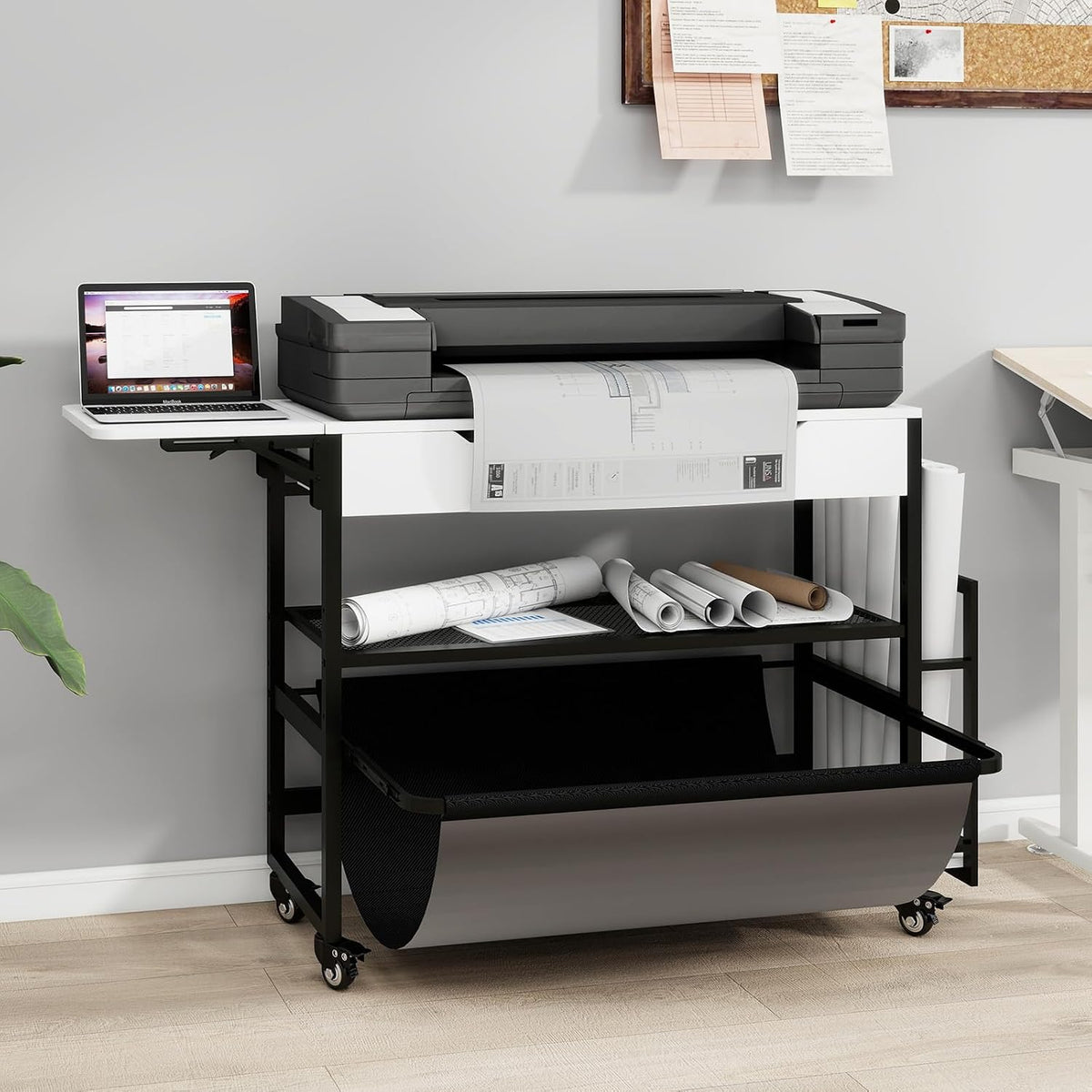 Natwind Wide Format Printer Stand,Plotter Table with Laptop Station,White