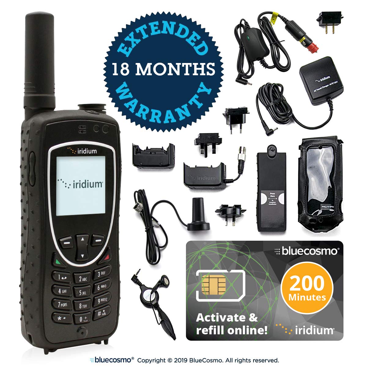 BlueCosmo Iridium Extreme Satellite Phone & 600 Minute 1 Year Global Prepaid SIM Card - Voice, SMS Text Messaging, GPS Tracking, Emergency SOS - Online Activation - 24/7