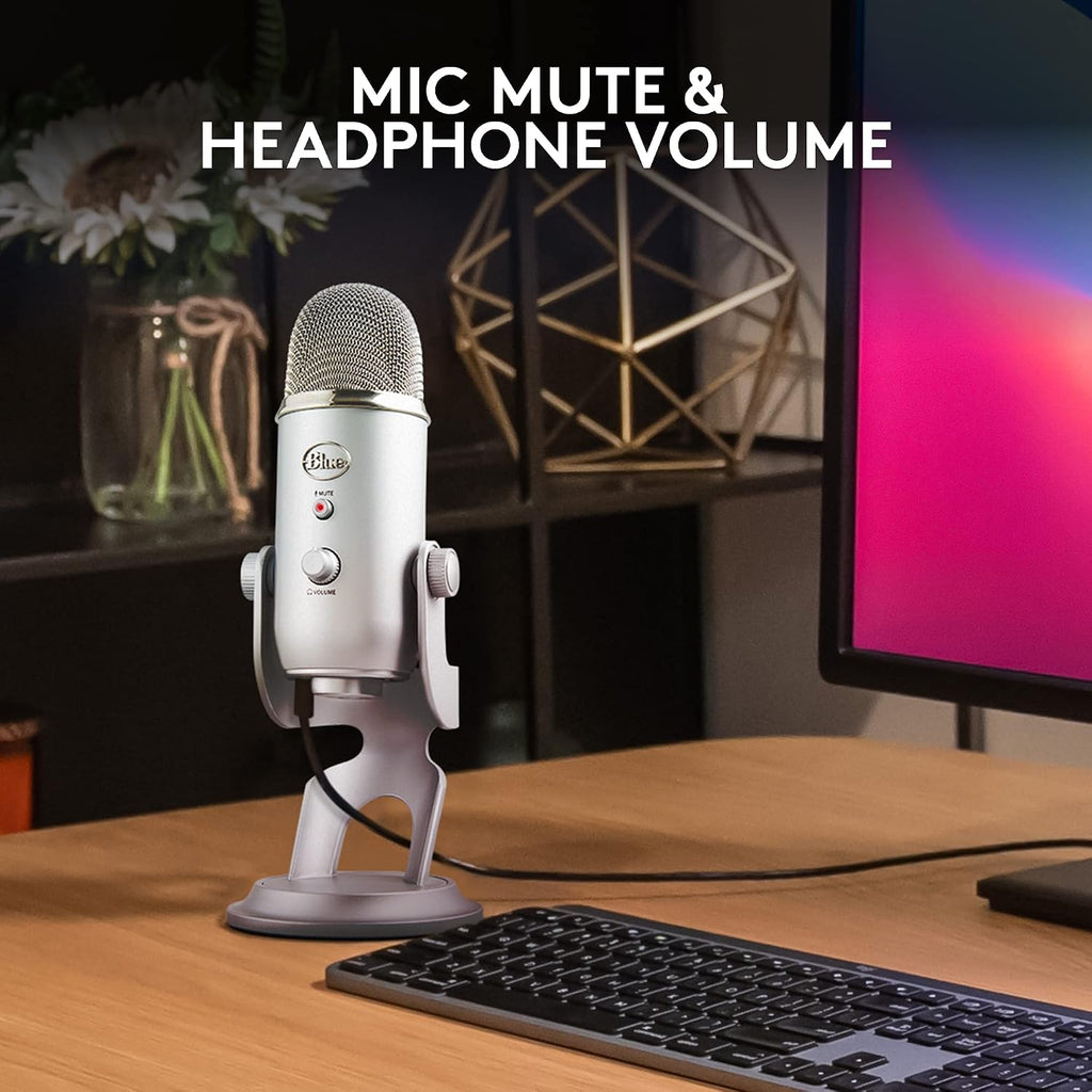 Logitech Creators Blue Yeti USB Microphone for PC, Mac, Gaming, Recording, Streaming, Podcasting, Studio and Computer Condenser Mic with Blue VO!CE Effects, 4 Pickup Patterns, Plug and Play - Silver