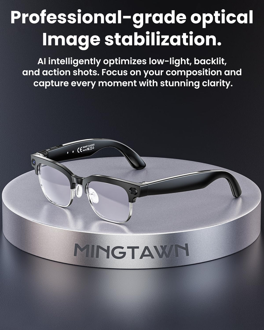 Mingtawn AI Smart Glasses â 8MP Anti-Shake Camera Glasses, 290mAh, BT Call, 4K HD Camera with Video Recording Dual Mic, Simultaneous Interpretation/GPT Identify Objectsï¼Black