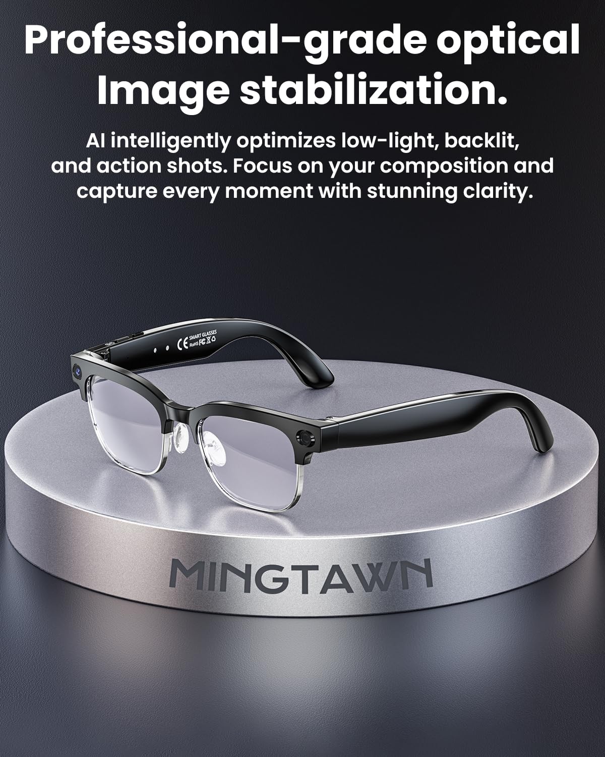 Mingtawn AI Smart Glasses â 8MP Anti-Shake Camera Glasses, 290mAh, BT Call, 4K HD Camera with Video Recording Dual Mic, Simultaneous Interpretation/GPT Identify Objectsï¼Black