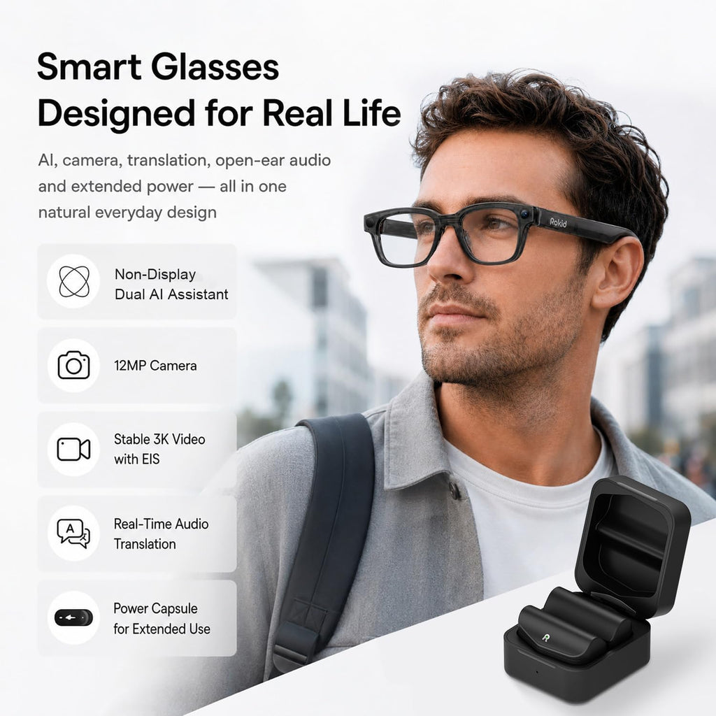 Rokid AI Glasses Style Pack,Smart Audio Glasses with Camera & Power Capsule