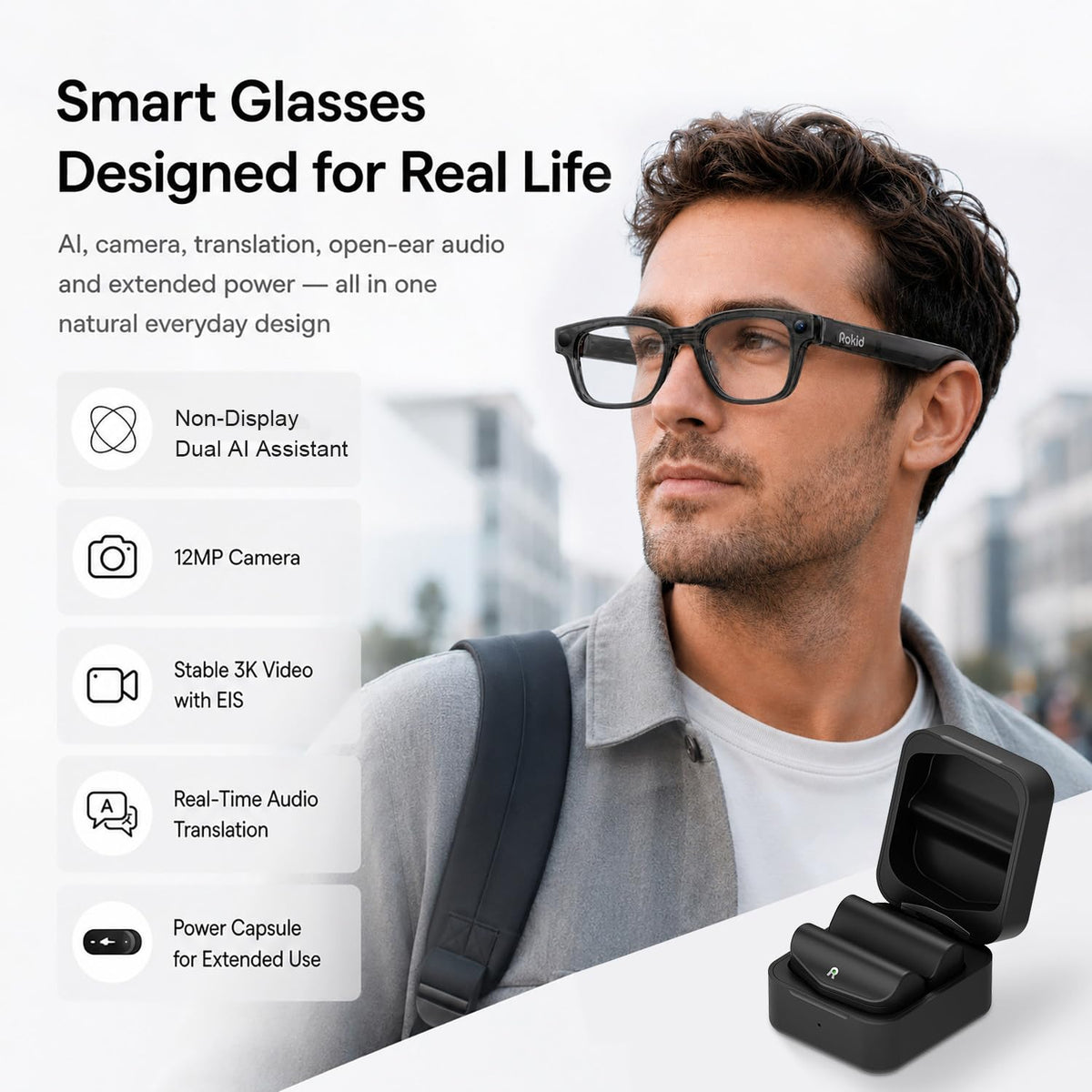 Rokid AI Glasses Style Pack,Smart Audio Glasses with Camera & Power Capsule