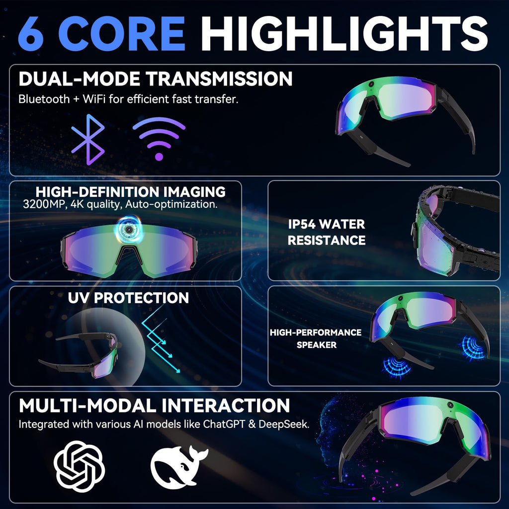 Pro AI Smart Glasses with 32MP Camera for Cycling & Hiking