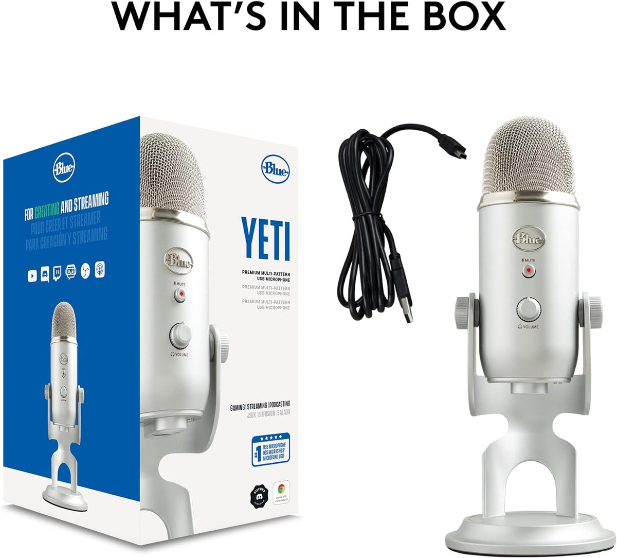 Logitech Creators Blue Yeti USB Microphone for PC, Mac, Gaming, Recording, Streaming, Podcasting, Studio and Computer Condenser Mic with Blue VO!CE Effects, 4 Pickup Patterns, Plug and Play - Silver