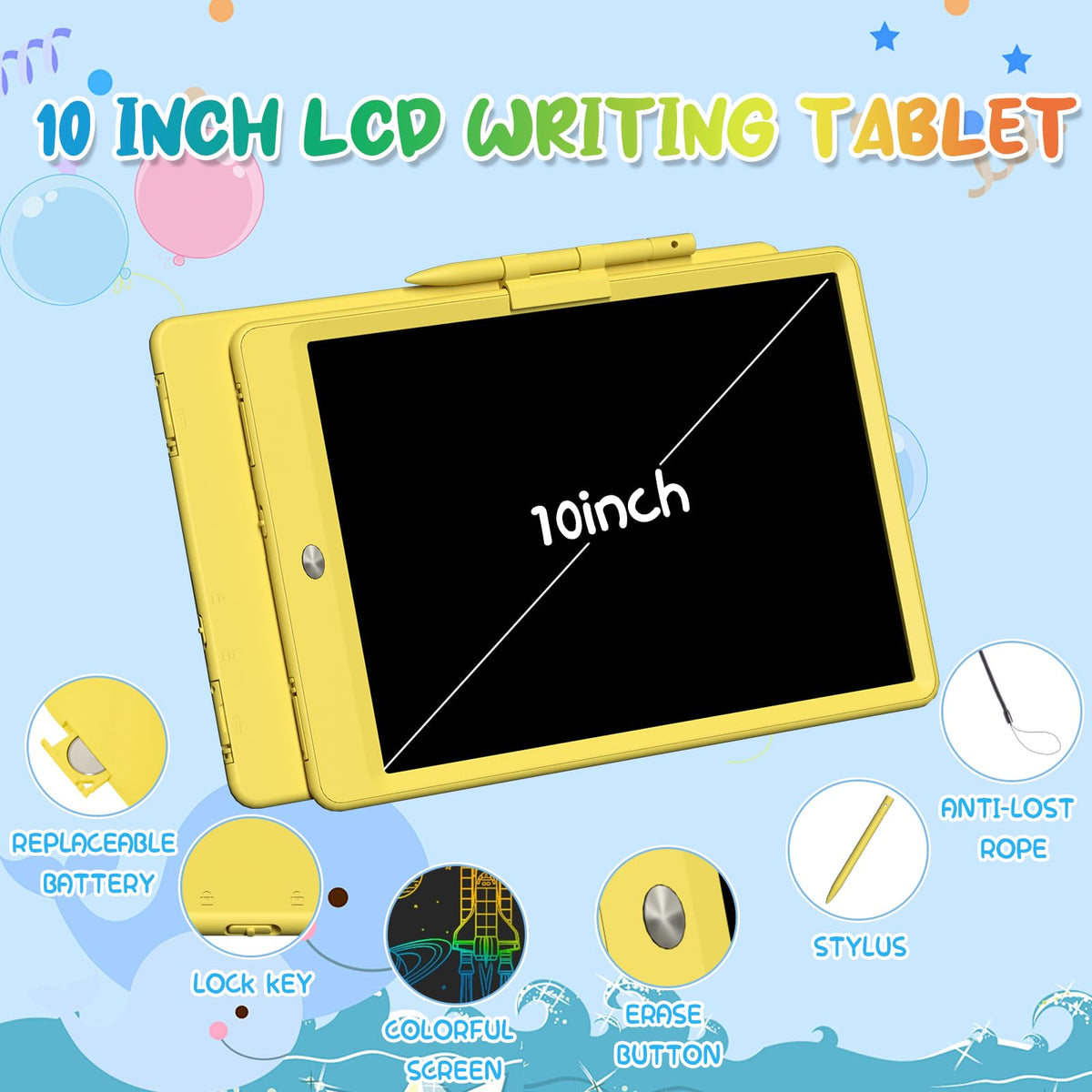LCD Writing Tablet for Kids 10 Inch Reusable Drawing Tablets for Kids Colorful Writing Board Electronic Drawing Board Educational and Learning Toys for 2-4 Year Old Boys