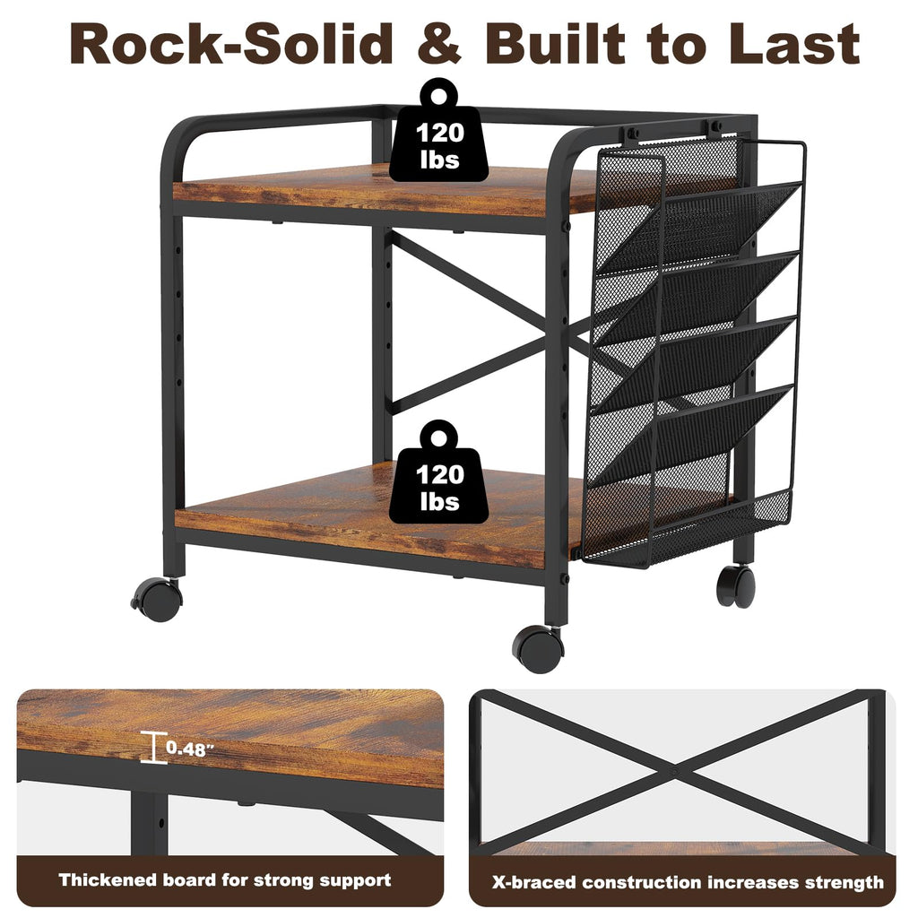 EasyCom 24"x20" Printer Stand with Storage, File Holder & Wheels, Brown