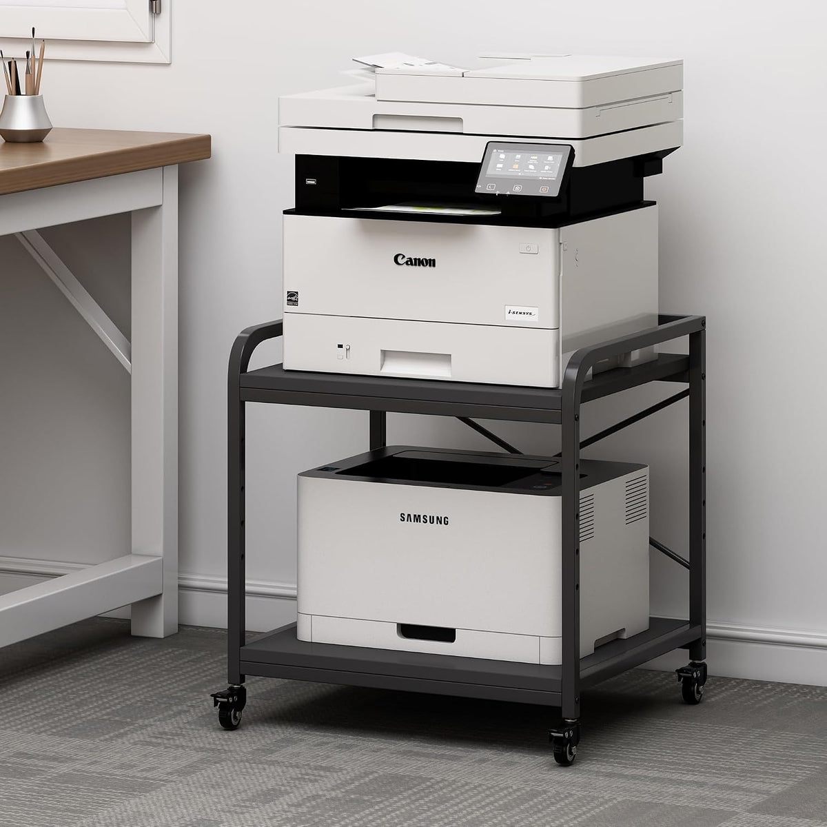 Fannova 2 Tier Under Desk Printer Stand with Storage, 20 Inches Deep Large Printer Table with Height Adjustable Shelf, Rolling Printer Cart with Wheels for Home Office - Black