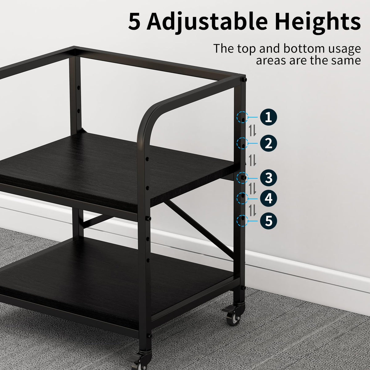 20 Inches Large White Printer Stand, 2-Tier Under Desk Printer Table with Height Adjustable Shelf, Rolling Printer Cart with Industrial Wheels for Home Office (White)