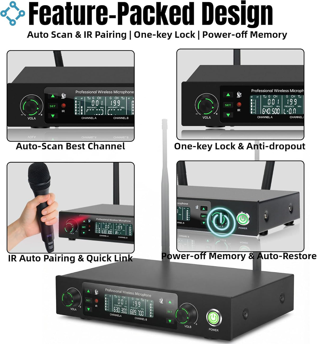 Wireless Microphone System, Dual Metal Cordless Mic Set for Karaoke Singing, Church, DJ, Party, Wedding, 500ft Long Range, Auto Scan, Anti-Interference, Handheld Dynamic Microphones