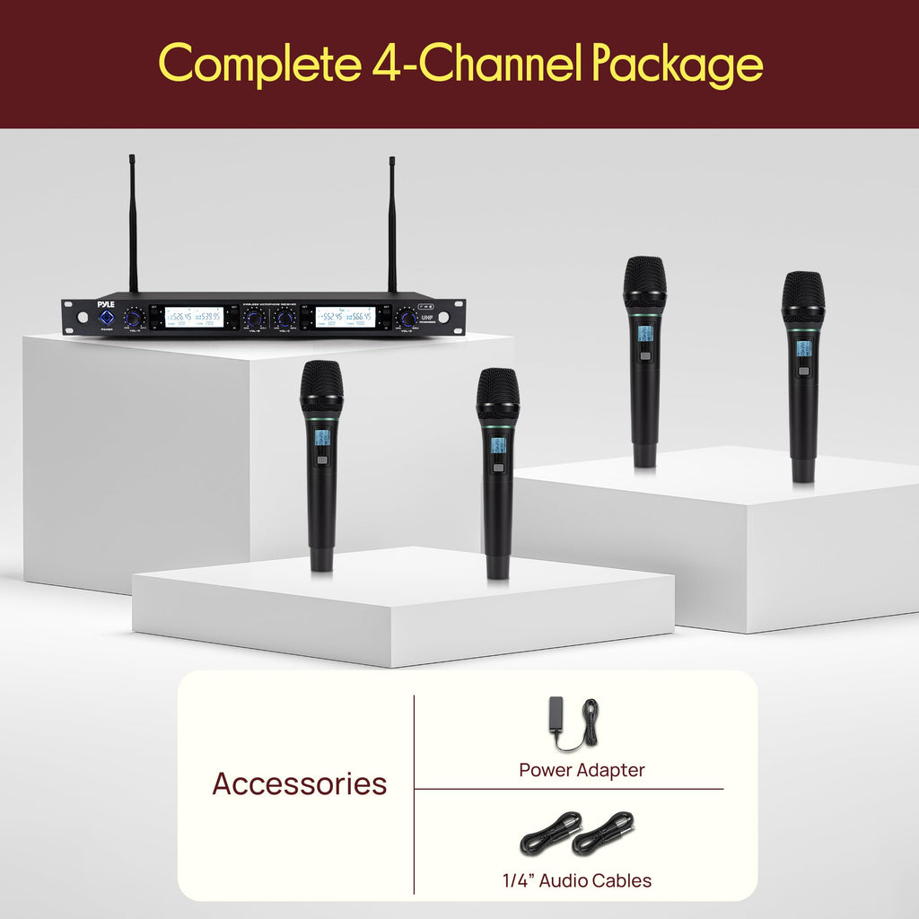Pyle 4 Channel UHF Wireless Microphone System with 2 Handheld Mics, 2 Lavalier 2 Headsets & Beltpack Transmitters, 300ft Range, Rack Mount Receiver for Church, Meetings, DJ & PA Systems