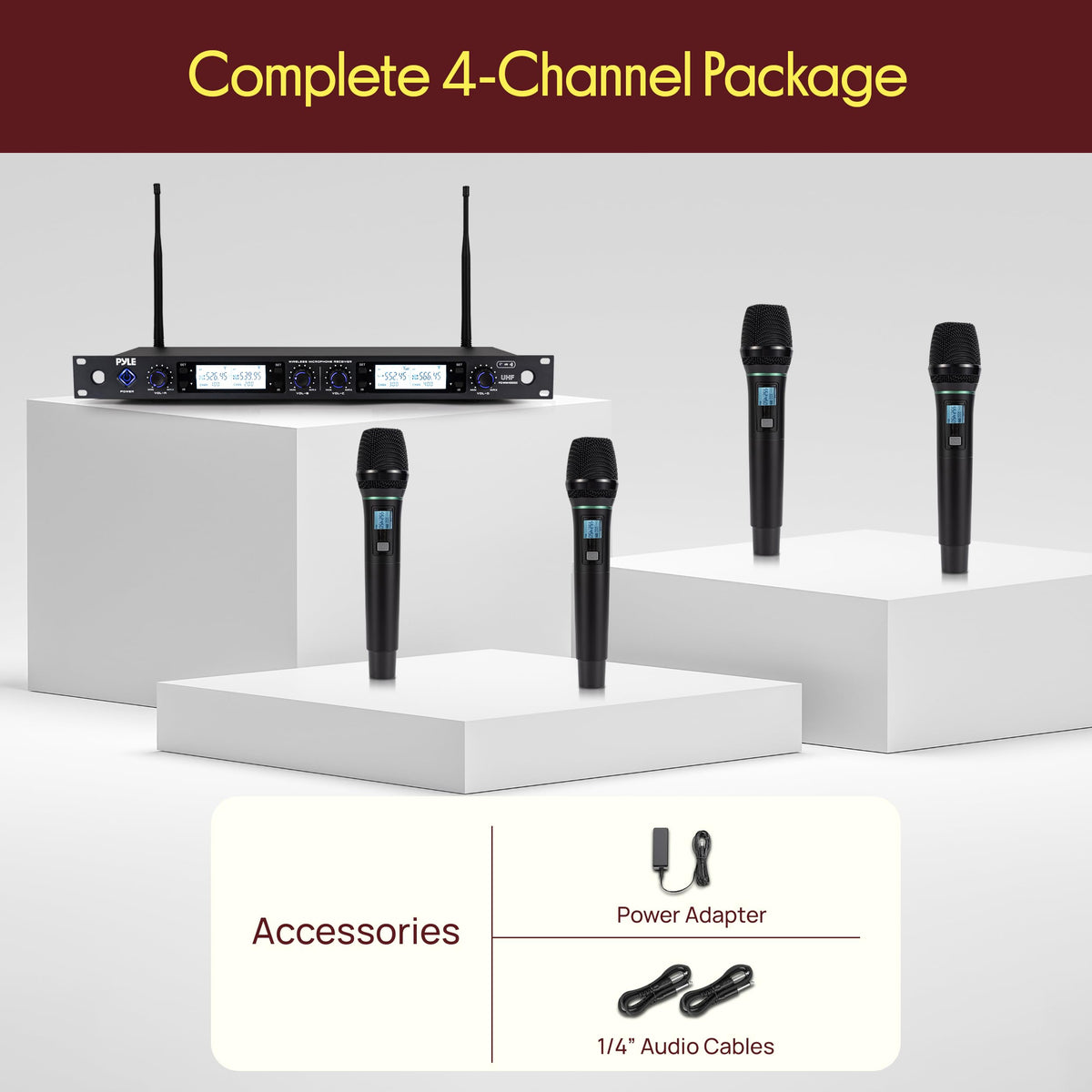 Pyle 4 Channel UHF Wireless Microphone System with 2 Handheld Mics, 2 Lavalier 2 Headsets & Beltpack Transmitters, 300ft Range, Rack Mount Receiver for Church, Meetings, DJ & PA Systems