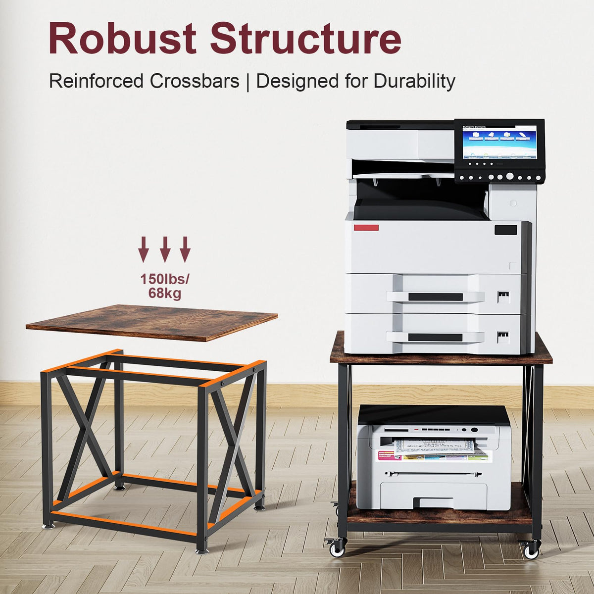2 Tier Large Printer Stand, 23.6 x 23.6 Inches Printer Table with Storage Shelf, Rolling Printer Cart with Industrial Wheels for Home Office (Black)