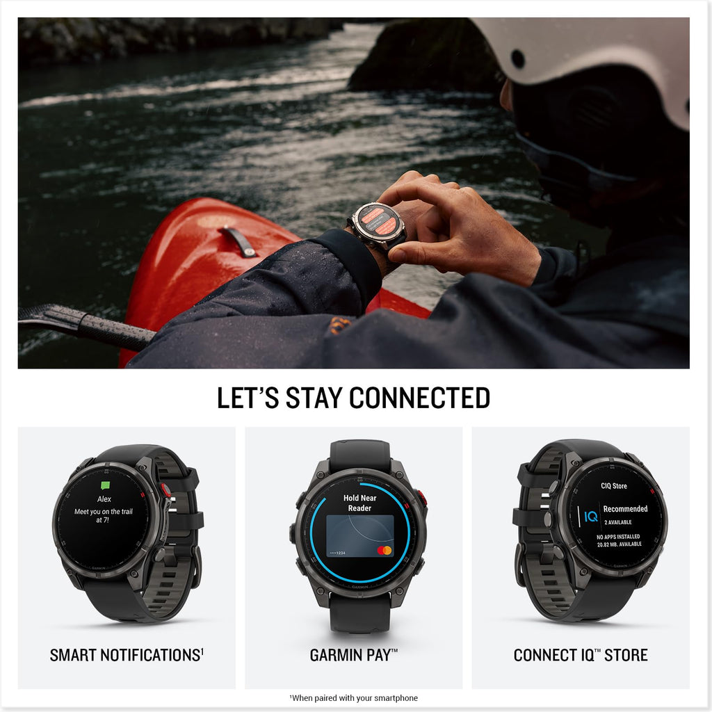 Garmin Fenix 8 Pro, 47mm, AMOLED Display, Premium Multisport GPS Smartwatch, inReach Technology for Emergency Survival, Health Tracking | Titanium/Graphite, Signature Series Modern Power Stand