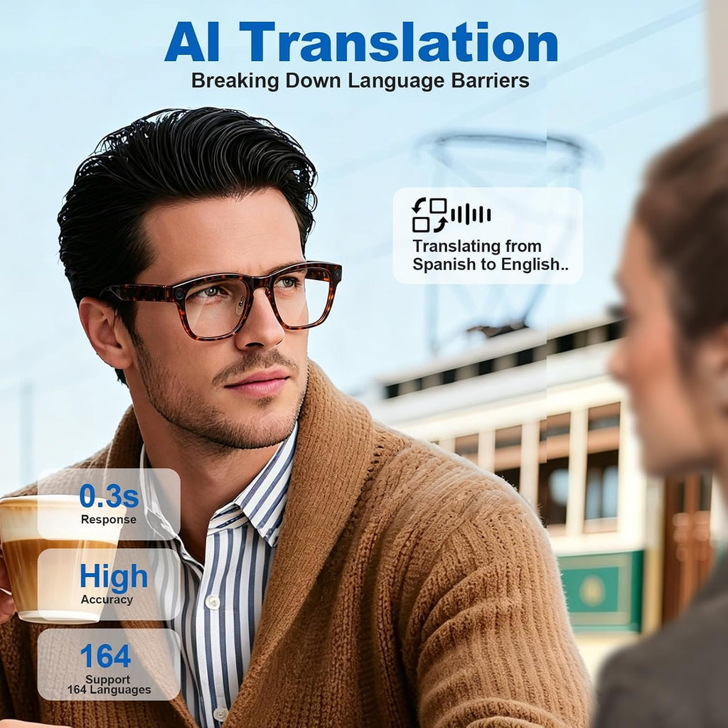 AI Smart Glasses with 8MP Camera, HD Photo & Video, Real-Time Translation, AI Assistant & Object Recognition, Photochromic Lenses, Bluetooth 5.4 Calls & Music, IP65 Waterproof, 7-8Hr Battery