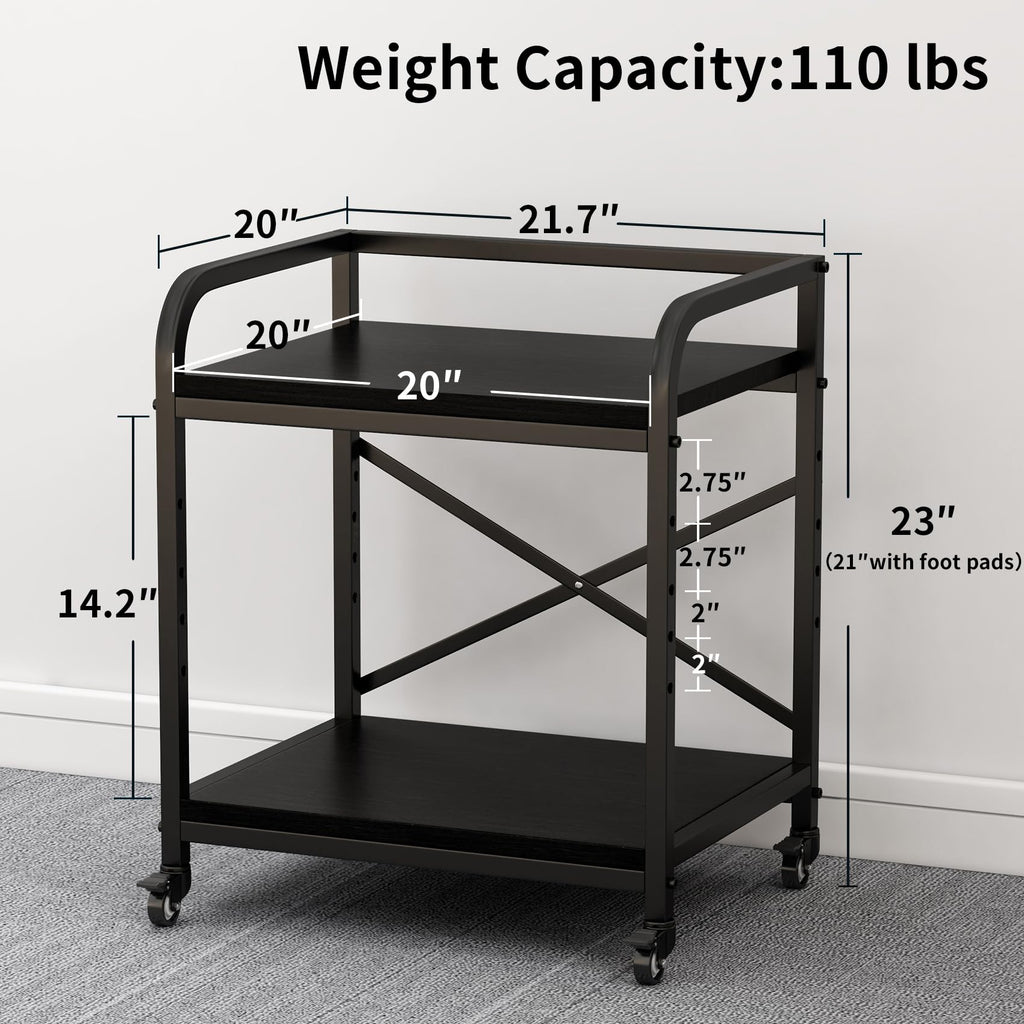 20 Inches Large White Printer Stand, 2-Tier Under Desk Printer Table with Height Adjustable Shelf, Rolling Printer Cart with Industrial Wheels for Home Office (White)