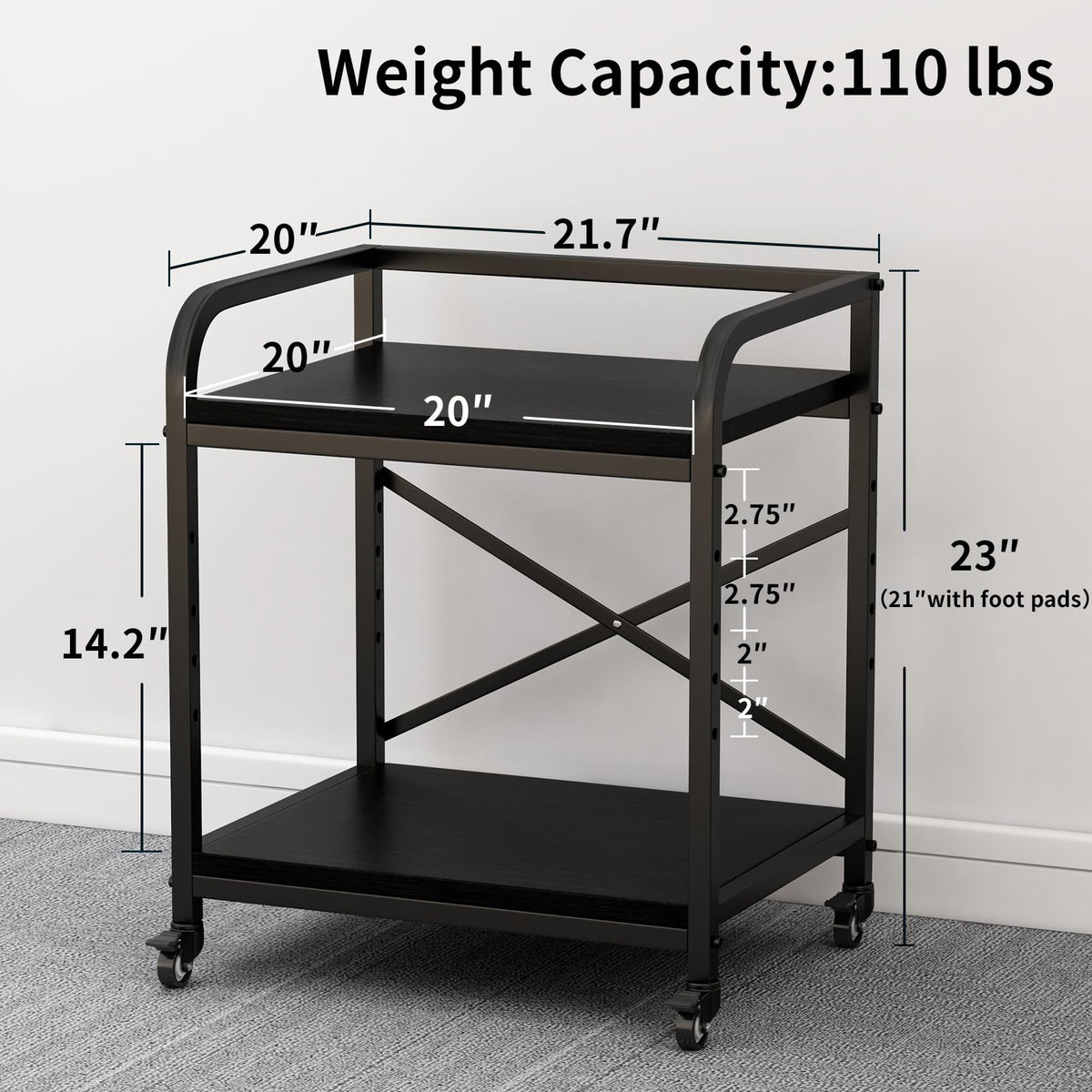 20 Inches Large White Printer Stand, 2-Tier Under Desk Printer Table with Height Adjustable Shelf, Rolling Printer Cart with Industrial Wheels for Home Office (White)