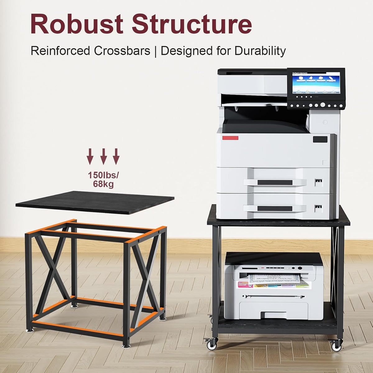 2 Tier Large Printer Stand, 23.6 x 23.6 Inches Printer Table with Storage Shelf, Rolling Printer Cart with Industrial Wheels for Home Office (Black)
