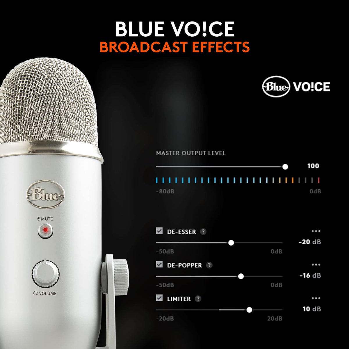 Logitech Creators Blue Yeti USB Microphone for PC, Mac, Gaming, Recording, Streaming, Podcasting, Studio and Computer Condenser Mic with Blue VO!CE Effects, 4 Pickup Patterns, Plug and Play - Silver