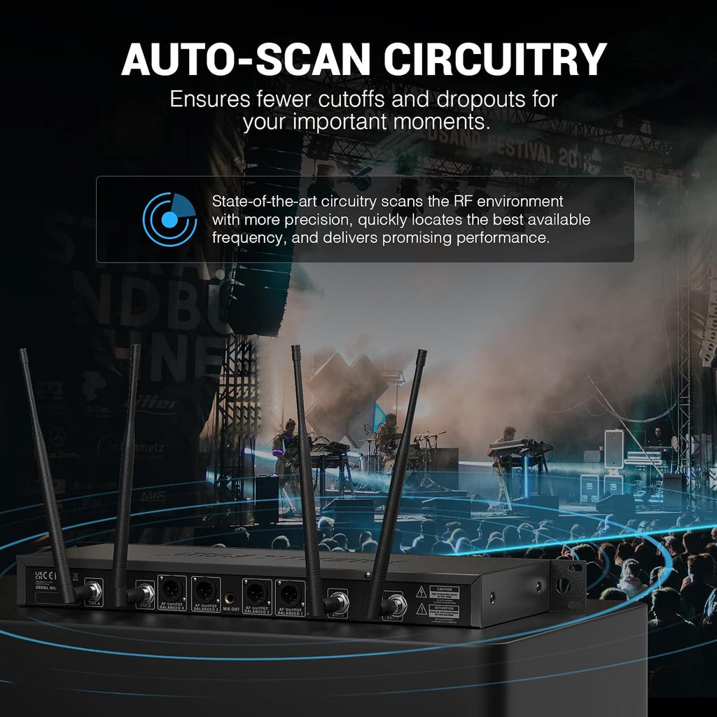 Phenyx Pro 4-Channel UHF Auto Scan Wireless Microphone System PTU-7000-2H2B