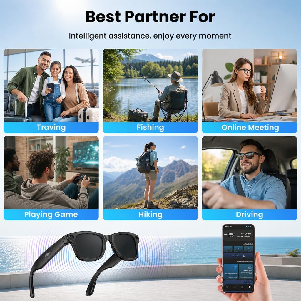 AI Smart Glasses with 13MP Camera for 4K Photo & Video, 3 Replaceable Lense