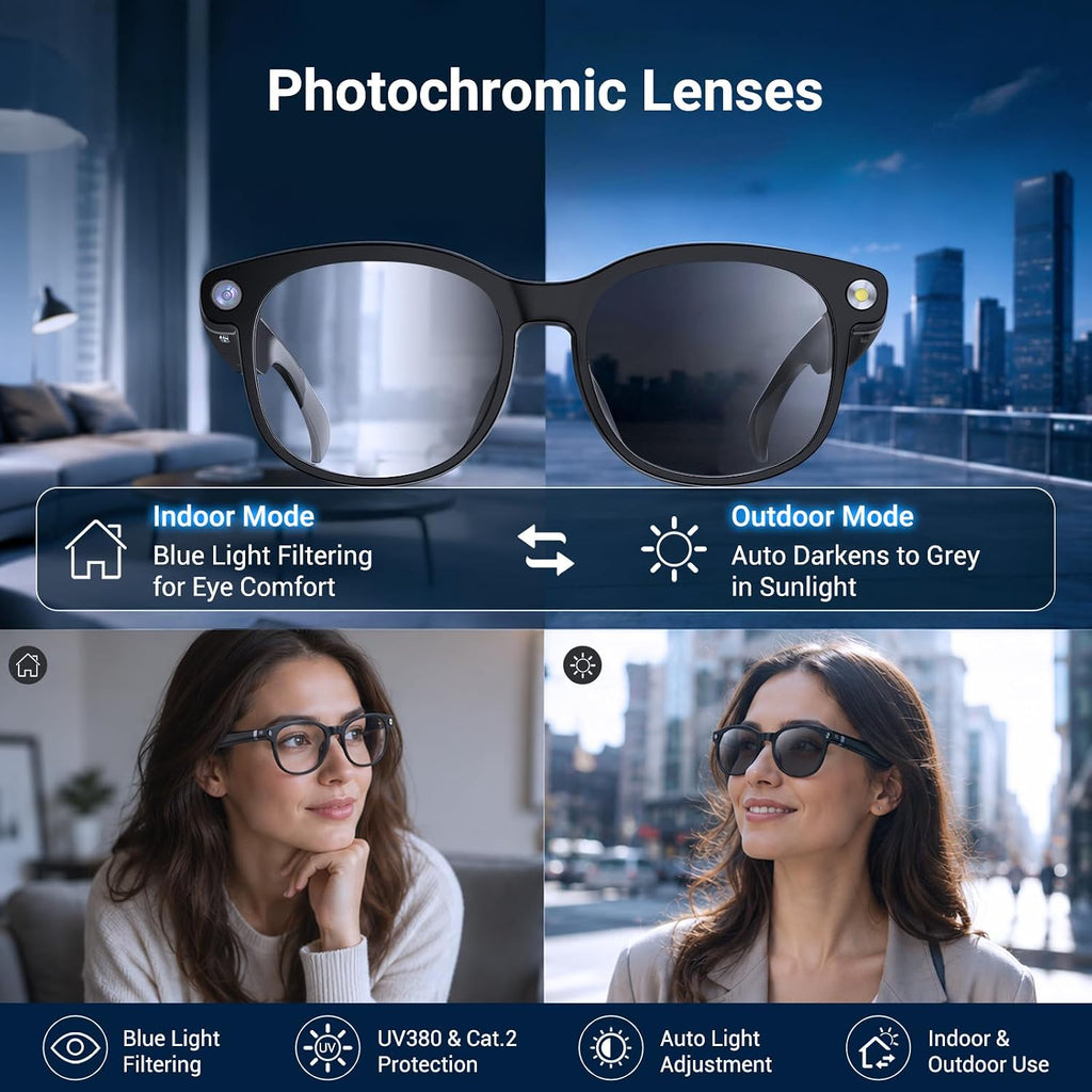 AI Smart Glasses with Camera, Bluetooth Glasses with HD Photo & Video Recording, EIS Anti-Shake, AI Translation & Object Recognition, Open-Ear Audio, Photochromic Lenses for Travel & Vlog