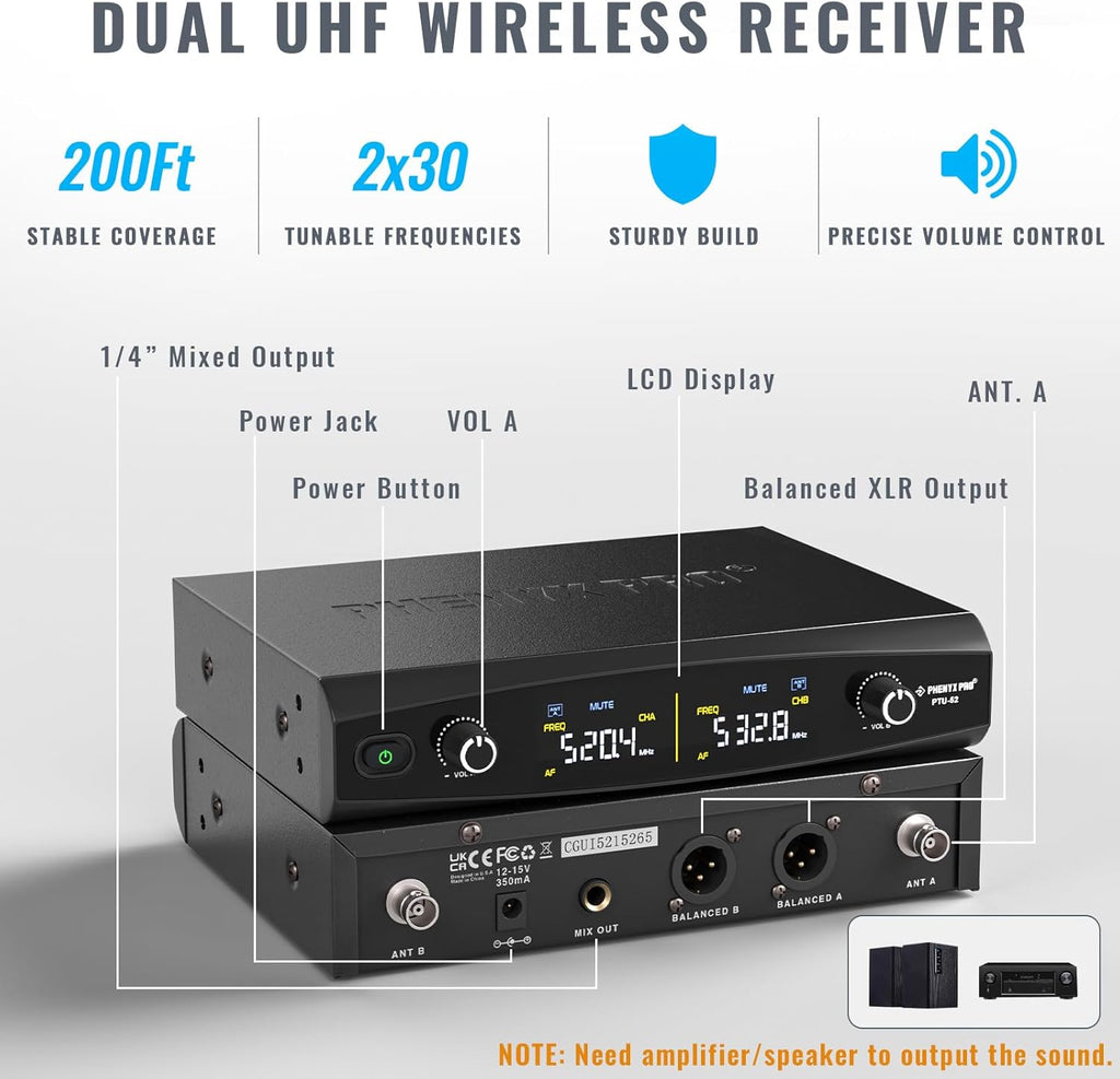 Phenyx Pro Dual UHF Tunable Frequency Wireless Microphone System PTU-52-2H