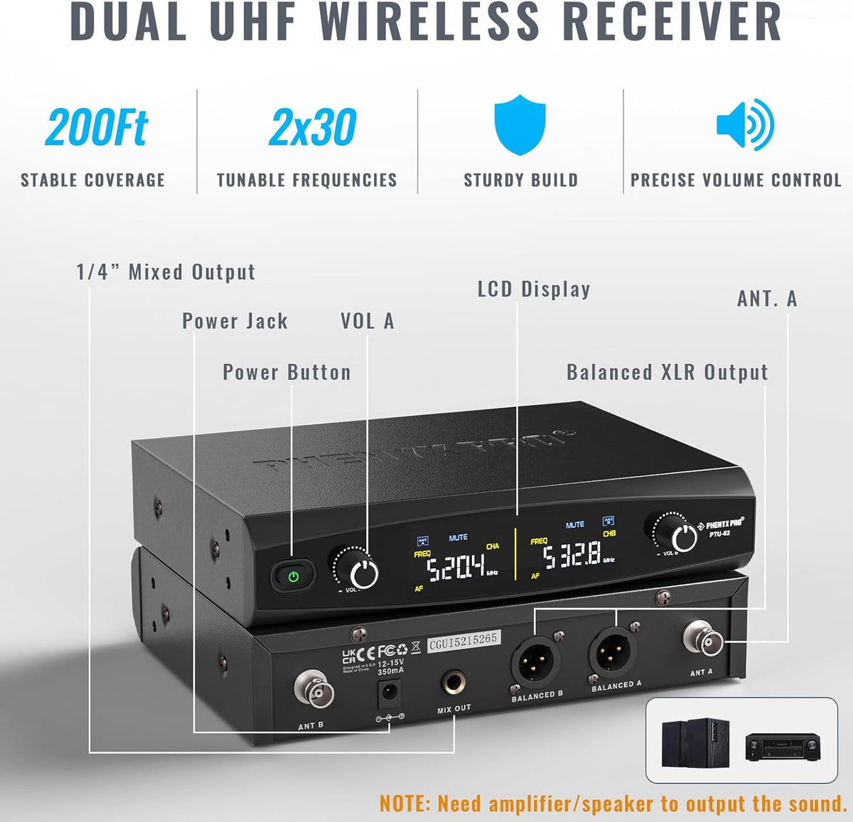 Phenyx Pro Dual UHF Tunable Frequency Wireless Microphone System PTU-52-2H