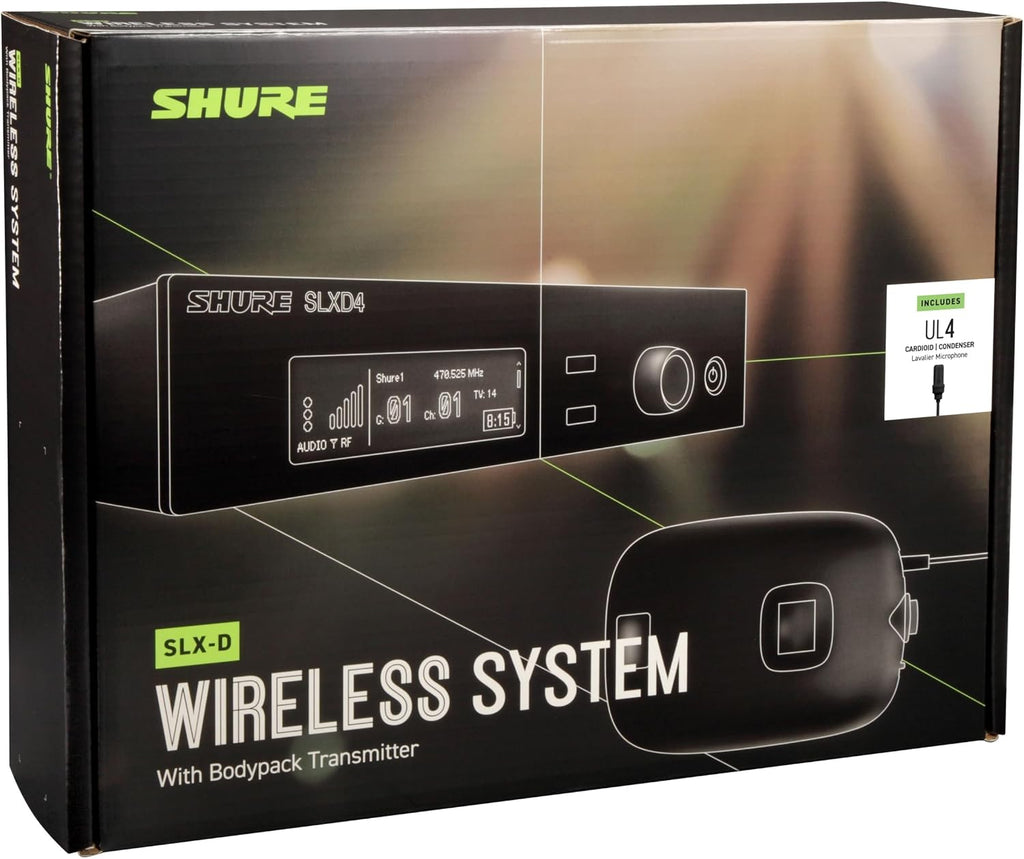 Shure SLXD14/UL4B Digital Wireless Microphone System - Includes SLXD1 Bodypack Transmitter, UL4B UniPlex Cardioid Lavalier Mic, and SLXD4 Receiver with 19" Rack Mount Kit | H55 Band (SLXD14/UL4B-H55)