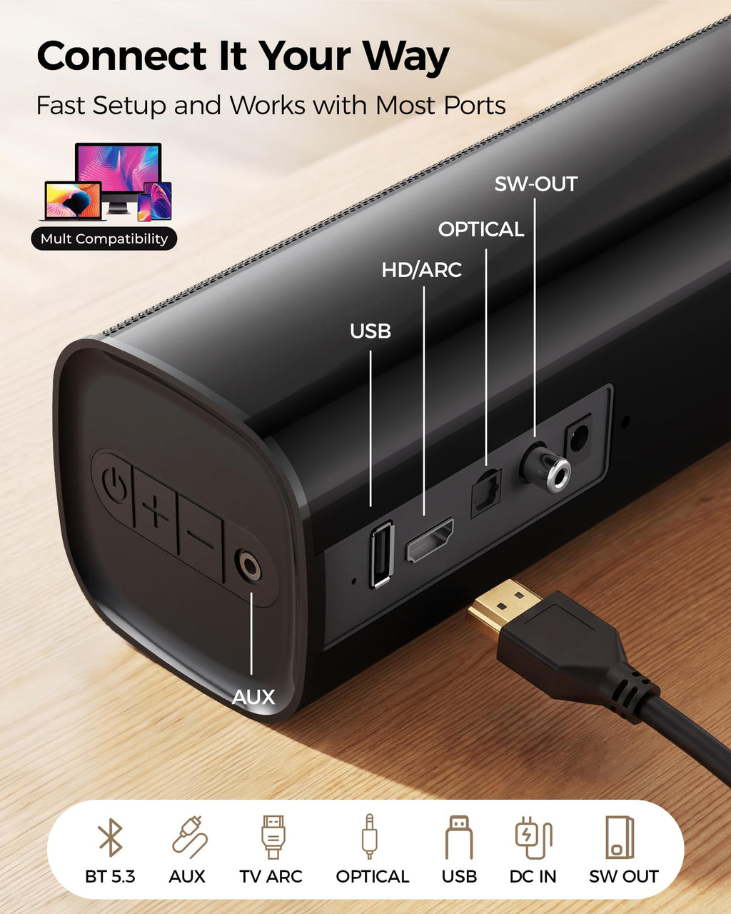 Karaoke Soundbar with Subwoofer for TV and 2 Wireless Microphones