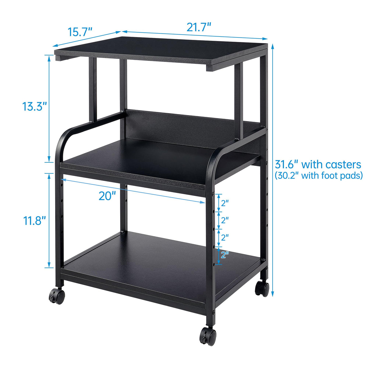 Fannova 3 Tier Gray Printer Stand with Height Adjustable Storage Shelf