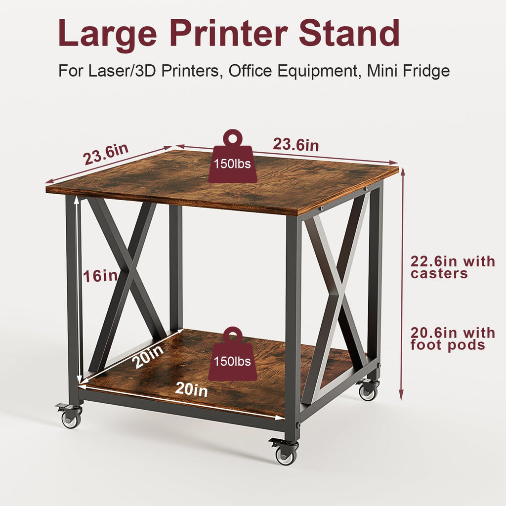 2 Tier Large Printer Stand, 23.6 x 23.6 Inches Printer Table with Storage Shelf, Rolling Printer Cart with Industrial Wheels for Home Office (Black)