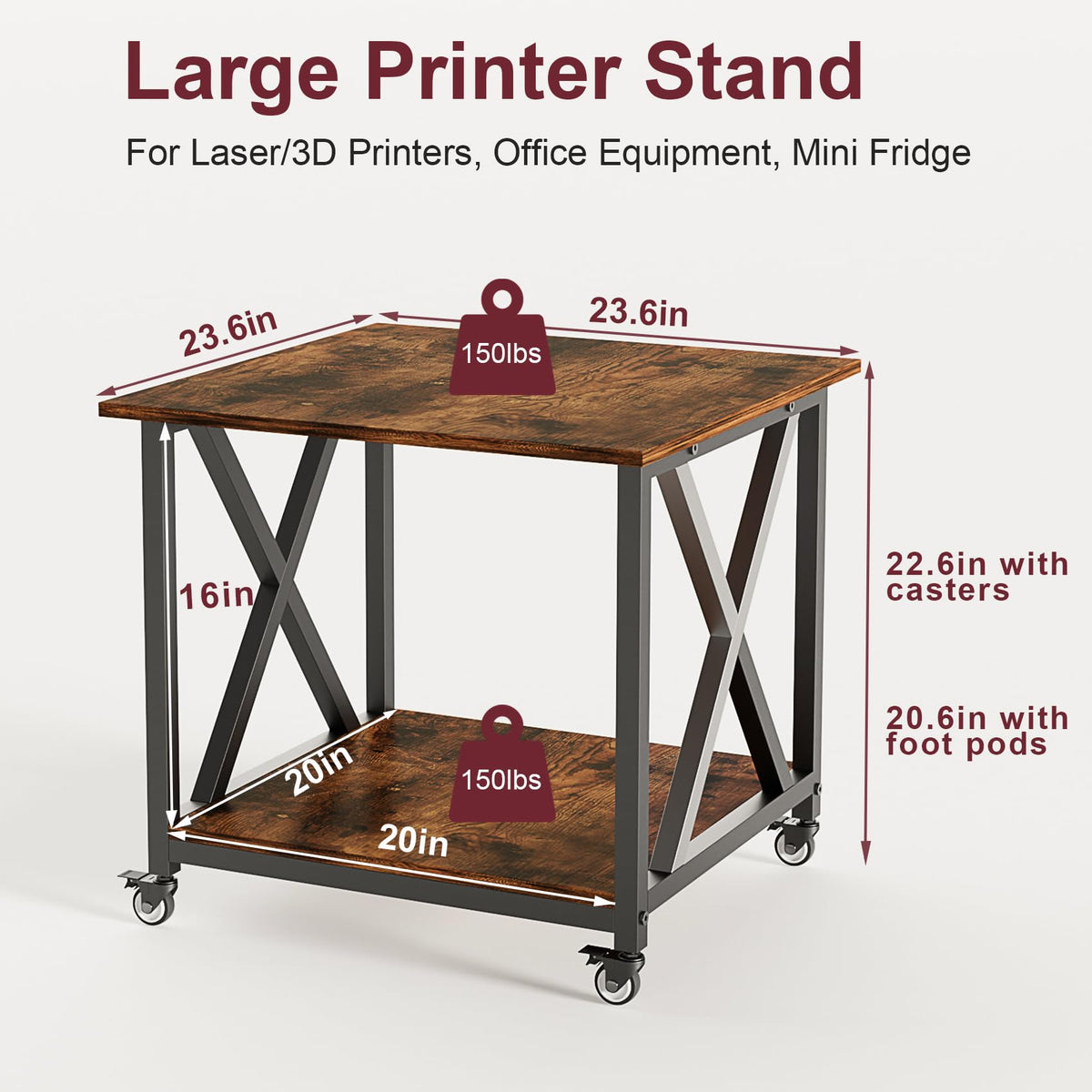 2 Tier Large Printer Stand, 23.6 x 23.6 Inches Printer Table with Storage Shelf, Rolling Printer Cart with Industrial Wheels for Home Office (Black)