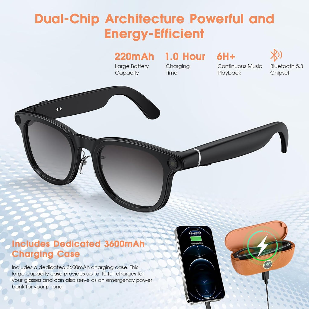 AI Camera Smart Glasses, 4K Video Sunglasses with 3600mAh Charging Case