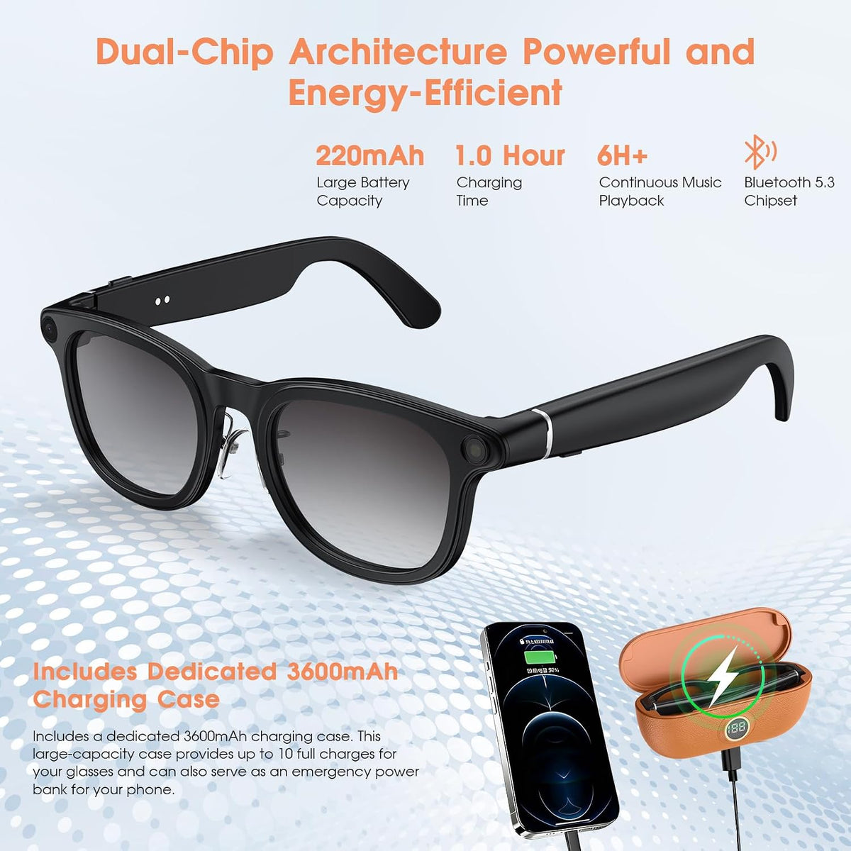 AI Camera Smart Glasses, 4K Video Sunglasses with 3600mAh Charging Case