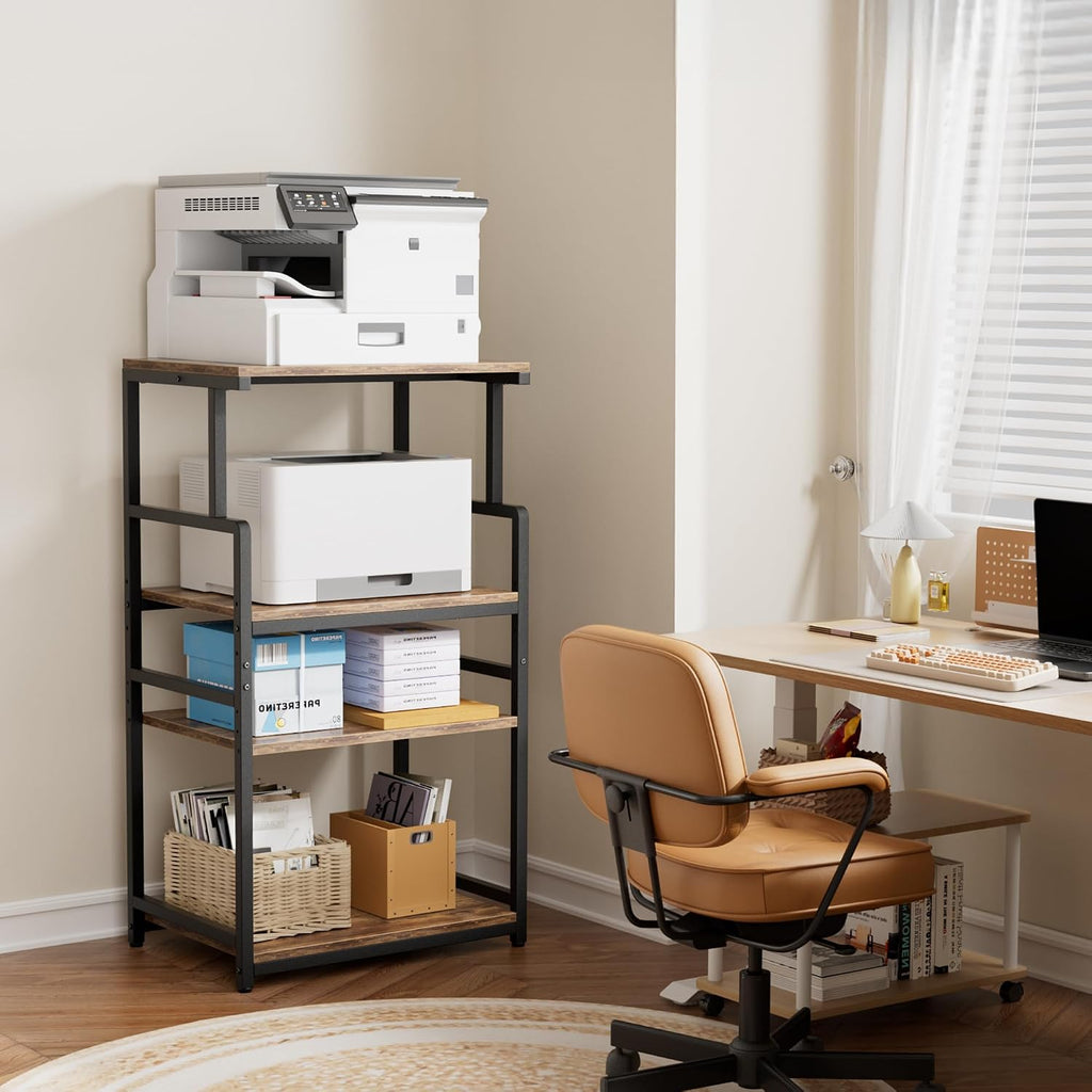 Aquzee 4-Tier Printer Stand, Large Printer Table with Wheels, Open Printers Table for Home Office, Rolling Printers Cart with Wheels, 5-Adjustable Heights, 27.5" W*19.7" D*49.3" H, Rustic Brown