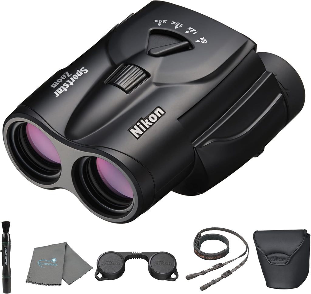 Nikon Sportstar Zoom 8-24x25 (16736) Small Black Variable Zoom Binoculars with Nikon Lens Pen and Cleaning Cloth - Compact Binoculars for Adults, for Sports Watching, Wildlife, and Hiking