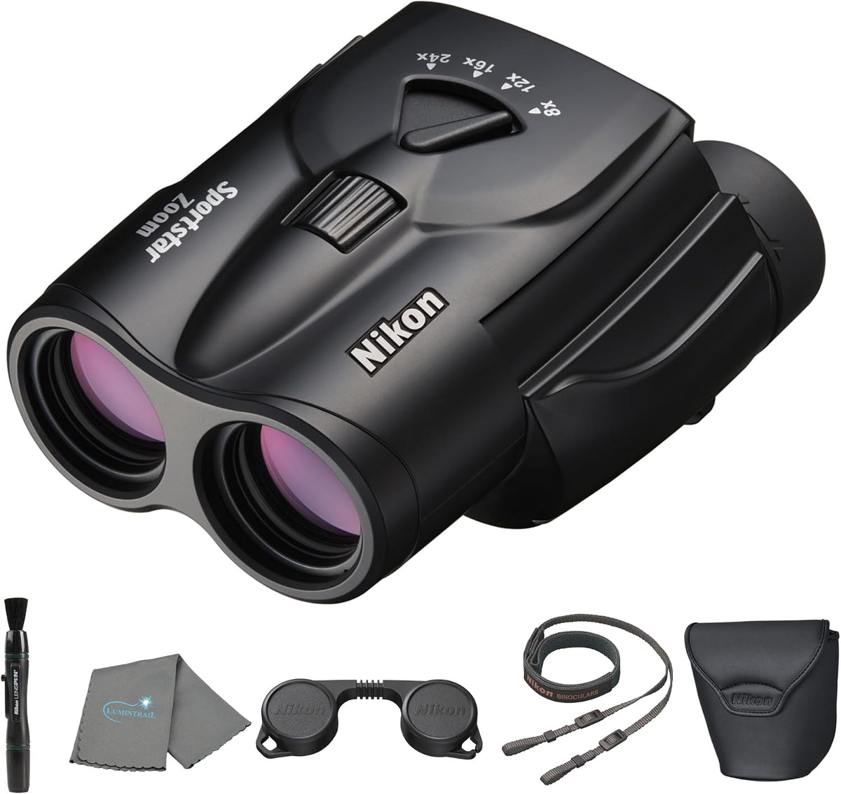 Nikon Sportstar Zoom 8-24x25 (16736) Small Black Variable Zoom Binoculars with Nikon Lens Pen and Cleaning Cloth - Compact Binoculars for Adults, for Sports Watching, Wildlife, and Hiking