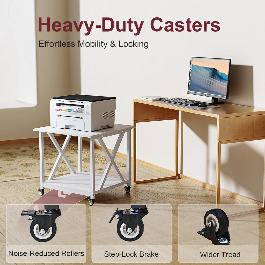 2 Tier Large Printer Stand, 23.6 x 23.6 Inches Printer Table with Storage Shelf, Rolling Printer Cart with Industrial Wheels for Home Office (Black)