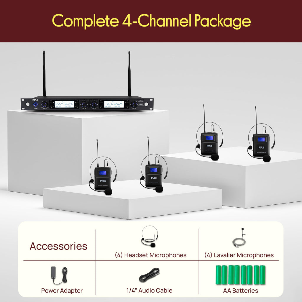 Pyle 4 Channel UHF Wireless Microphone System with 2 Handheld Mics, 2 Lavalier 2 Headsets & Beltpack Transmitters, 300ft Range, Rack Mount Receiver for Church, Meetings, DJ & PA Systems