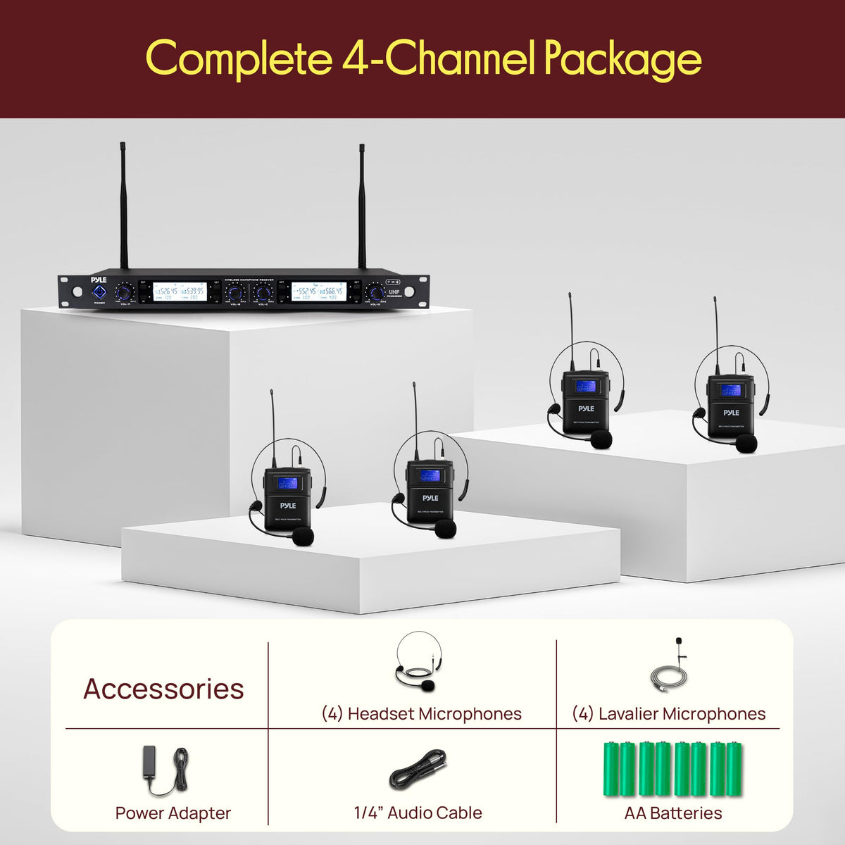Pyle 4 Channel UHF Wireless Microphone System with 2 Handheld Mics, 2 Lavalier 2 Headsets & Beltpack Transmitters, 300ft Range, Rack Mount Receiver for Church, Meetings, DJ & PA Systems