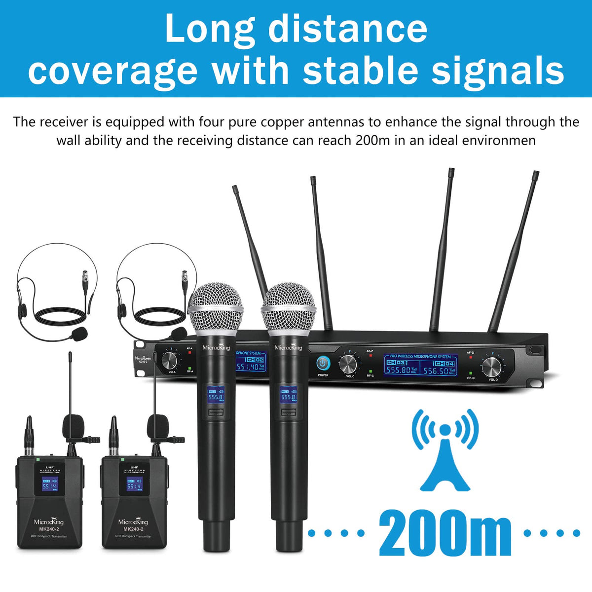 MicrocKing 4 Channel UHF Wireless Microphone System, 4 Handheld Wireless Microphones with Receiver, 400ft Long Range, Professional Dynamic Mic Set for Church, Conference, Wedding, Karaoke and Speech