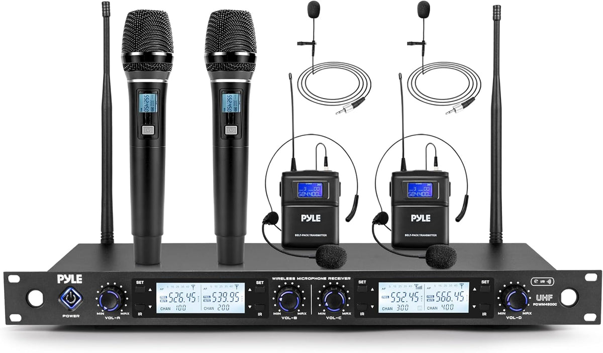 Pyle 4 Channel UHF Wireless Microphone System with 2 Handheld Mics, 2 Lavalier 2 Headsets & Beltpack Transmitters, 300ft Range, Rack Mount Receiver for Church, Meetings, DJ & PA Systems